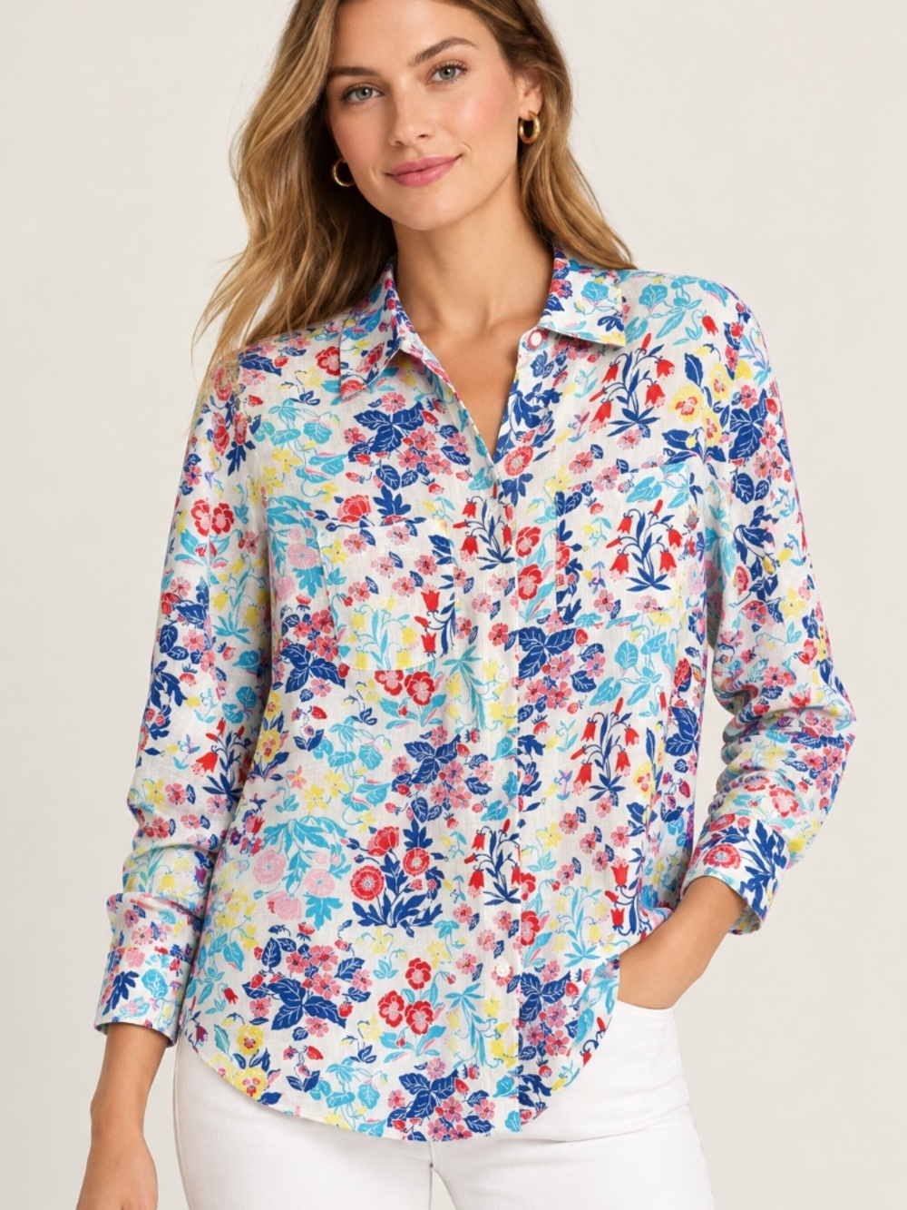 Charter Club Luxury Floral 100% Linen Button Front Shirt  Long Sleeve Size S